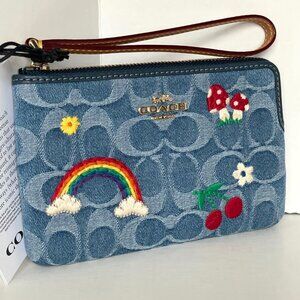 Coach Signature Denim Rainbow Floral Corner Zip Wristlet Small